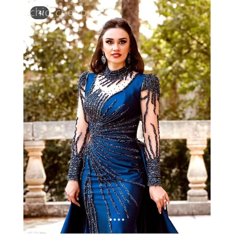 Ebi Aso Navy Blue Mermaid Prom Dress Sequined Lace Satin Beaded Evening Formal Party Second Reception Birthday Engagement Gowns Dresses Robe De Soiree