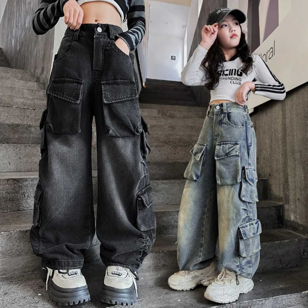 2024 Spring Cargo Jeans for Teenage Children Wide Leg Pants Girls Loose Casual Elastic Waist Design Streetwear Kids Trousers Z250220