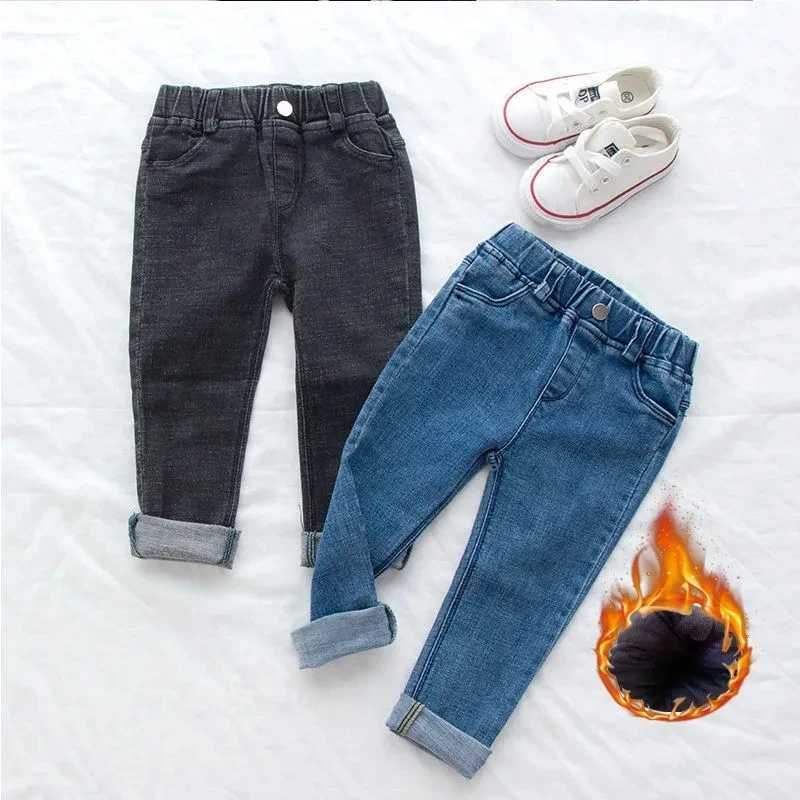 Boys and Girls Jeans Autumn and Winter New Childrens Warm Plush Thickened Pants Childrens Wear Baby Casual Pants Z250220