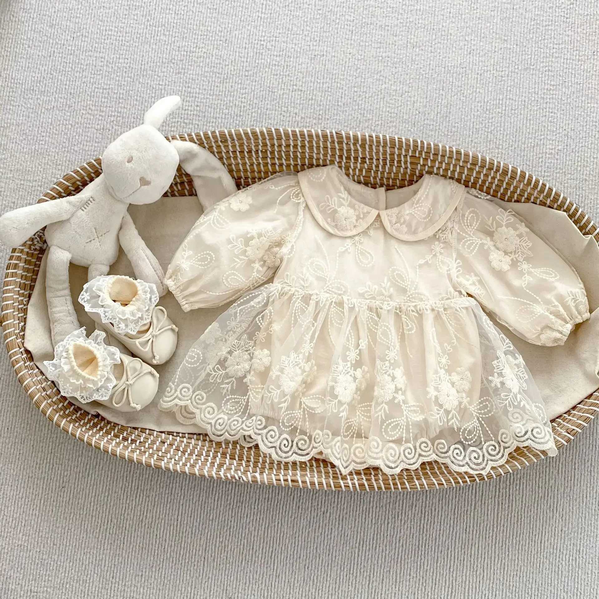 4068-1 Baby Romper Dress 2024 New Autumn Fashion Embroidered Gauze Bag Fart Skirt Baby Girls Princess One Piece Clothes X250220