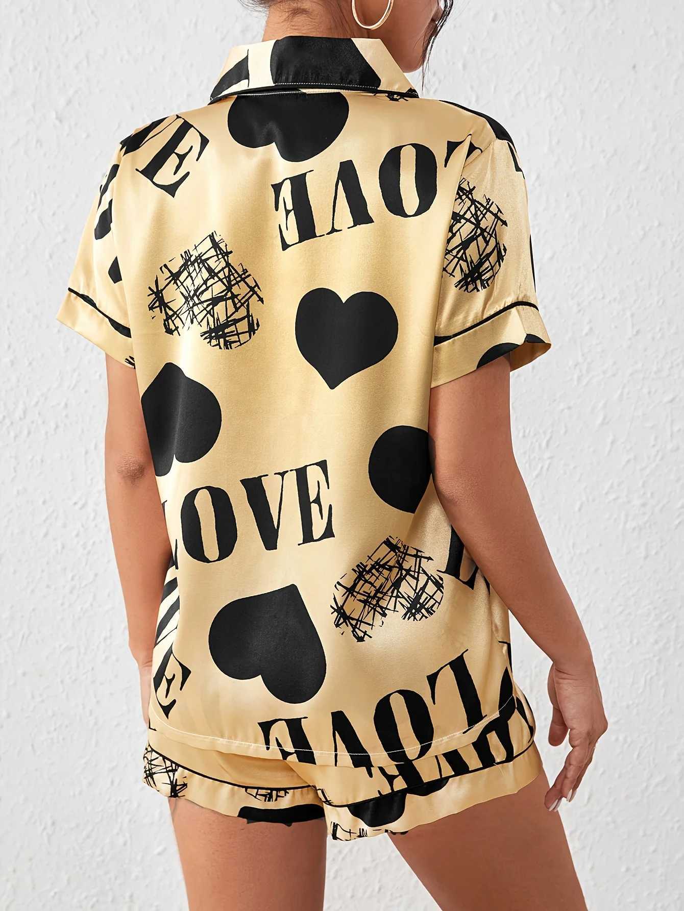 Heart Letter Print Satin Pajama Set Casual Short Sve Buttons Lapel Top Elastic Shorts Womens SpwearXJ250220