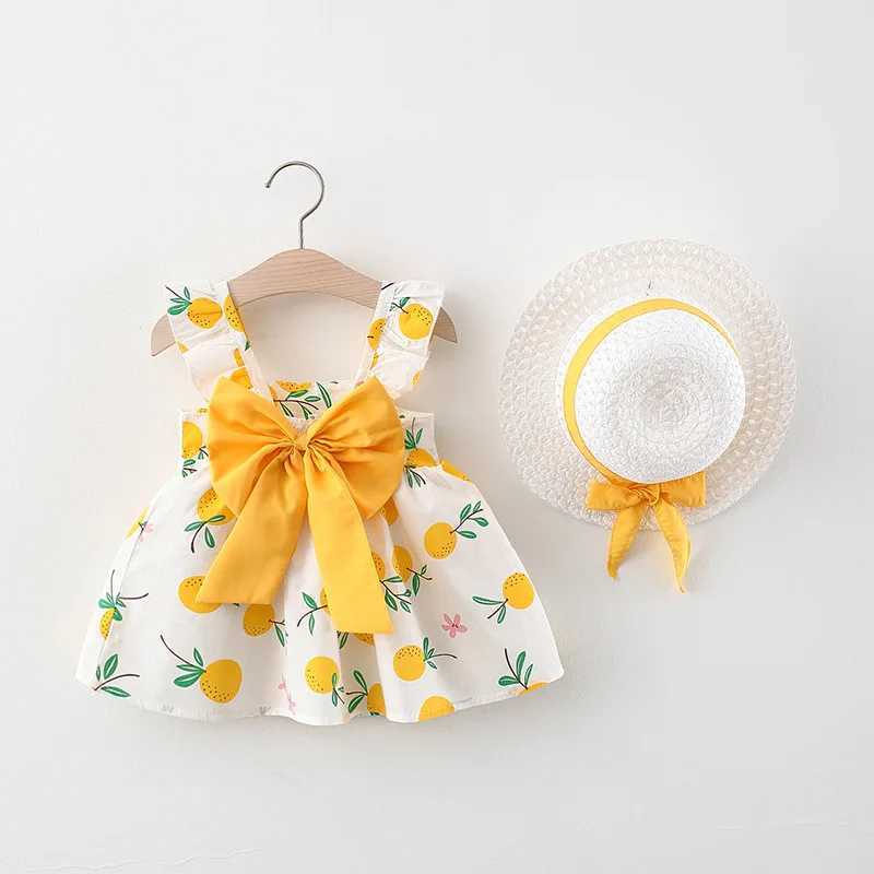 2Pcs/SetSummer girls dress childrens clothing new small suspender bow orange print vest skirt with hat as a gift X250220