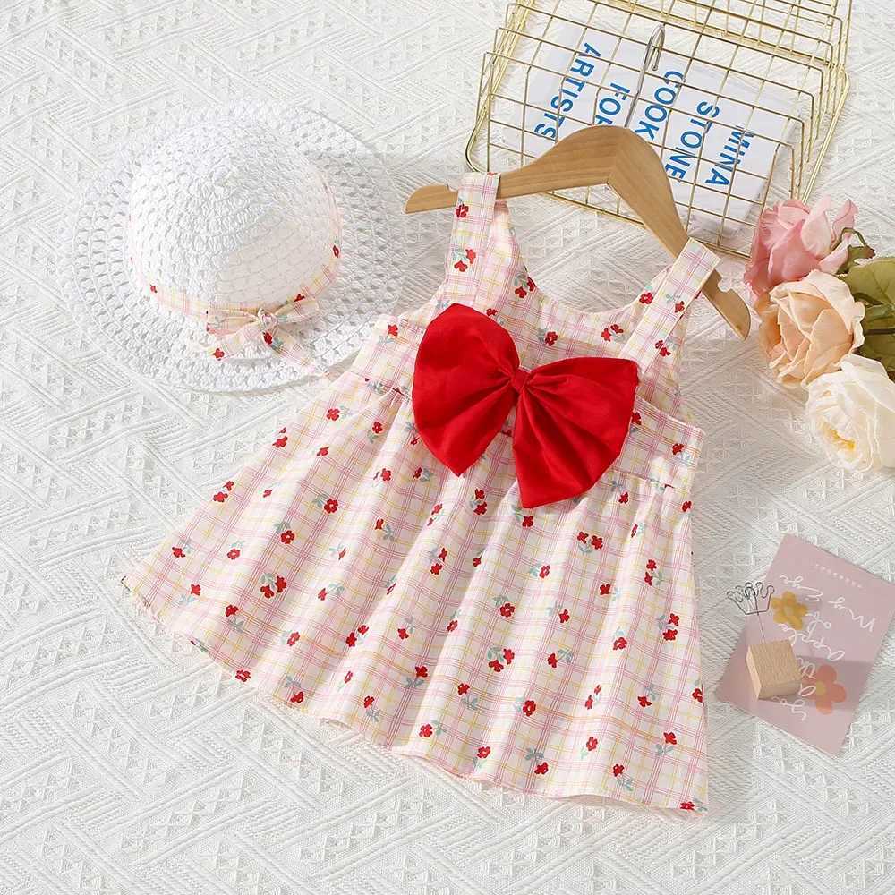(0-3 Years Old) Summer Baby Girl Cotton Plaid Flower Suspender Dress Cute Bow Beach Dress With Hat X250220