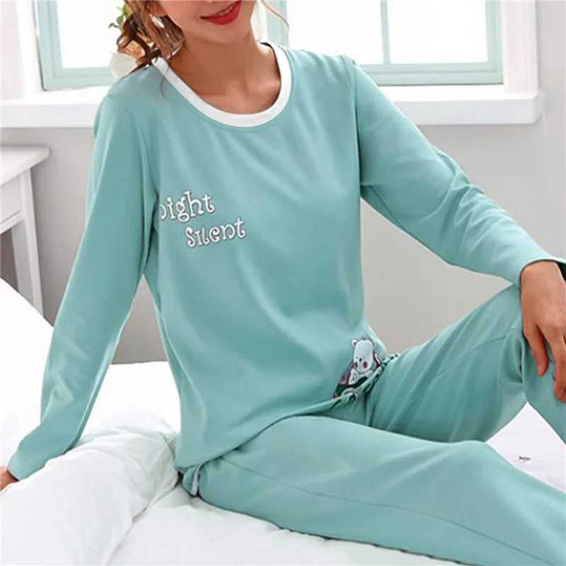 Autumn Thin 2pieces Pyjamas Set Women Cotton Round Neck Girls Bear Pajamas Sets Teacup Cat Full Spwear Tops Pajama jerXJ250220