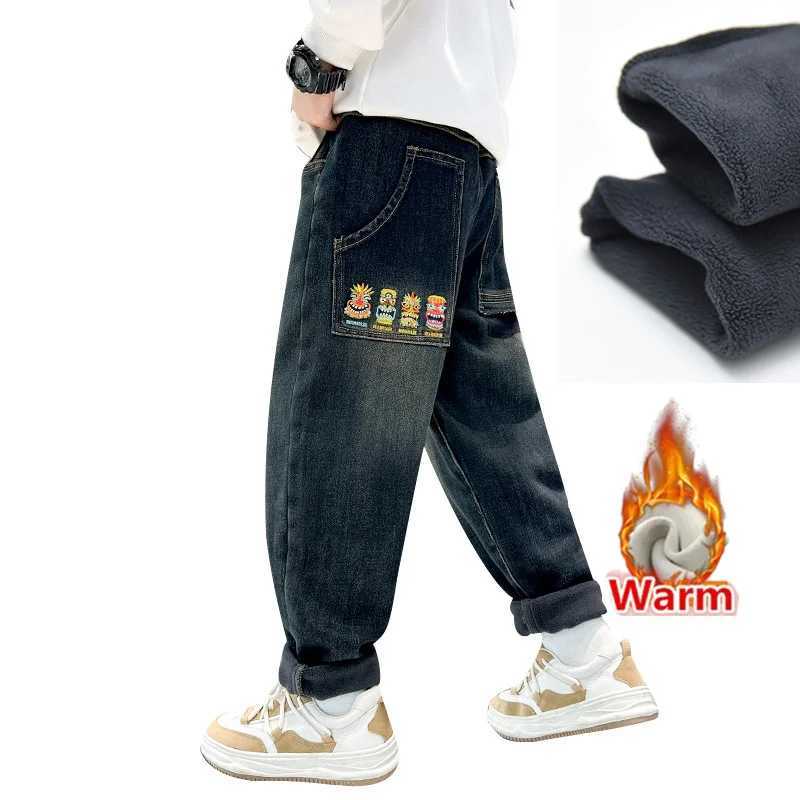 Retro Blue Child Warm Thermal Jeans For Boys Winter Insulate Desnim Pants Teenage Kids Casual Fleece Thermal Trousers Z250220