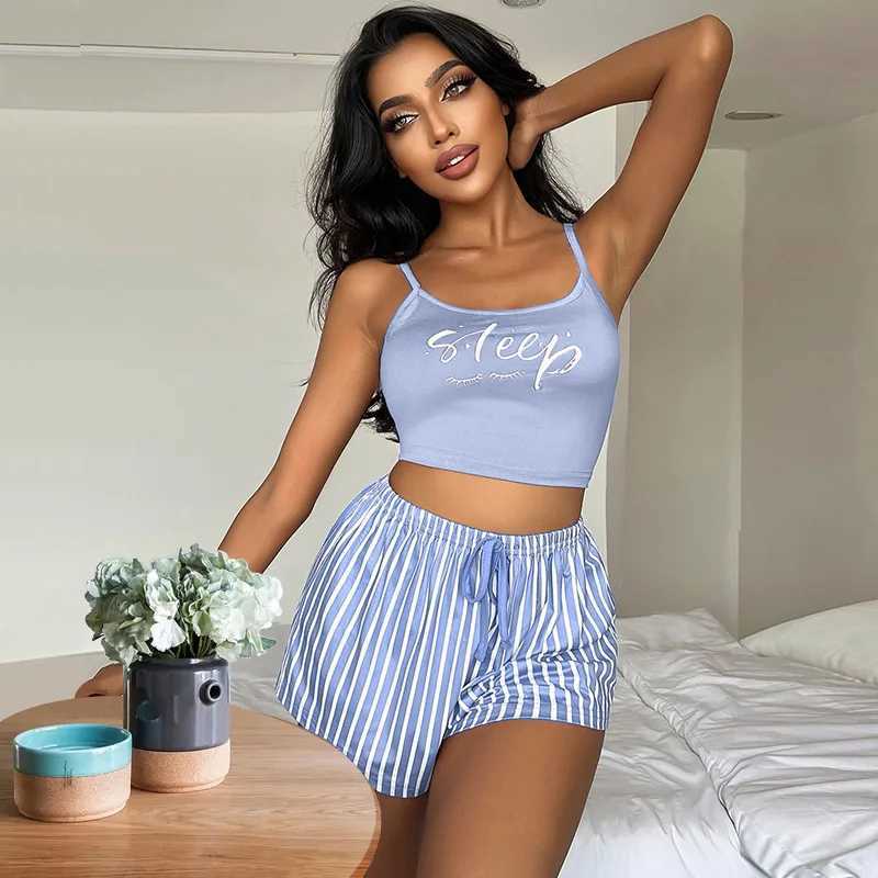 Letter Print Women Pajama Set Sveless Lettuce Trim Crop Top Elastic Waist Stripped Shorts 2 Pcs Fe Spwear NightwearXJ250220