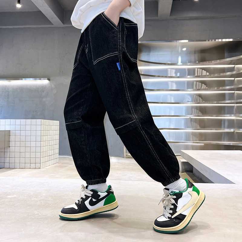 Spring Autumn Children Jeans 4-8Y Boys Cotton Letter Splice Stretch Denim Pants Loose Korean Trousers Kids Wear Clothes 2024 New Z250220