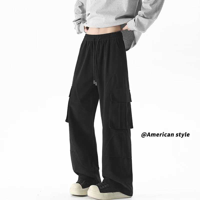 Classic mens loose cargo pants solid color large pocket casual mens pants fashionable streetwear retro wide leg pantsT250319