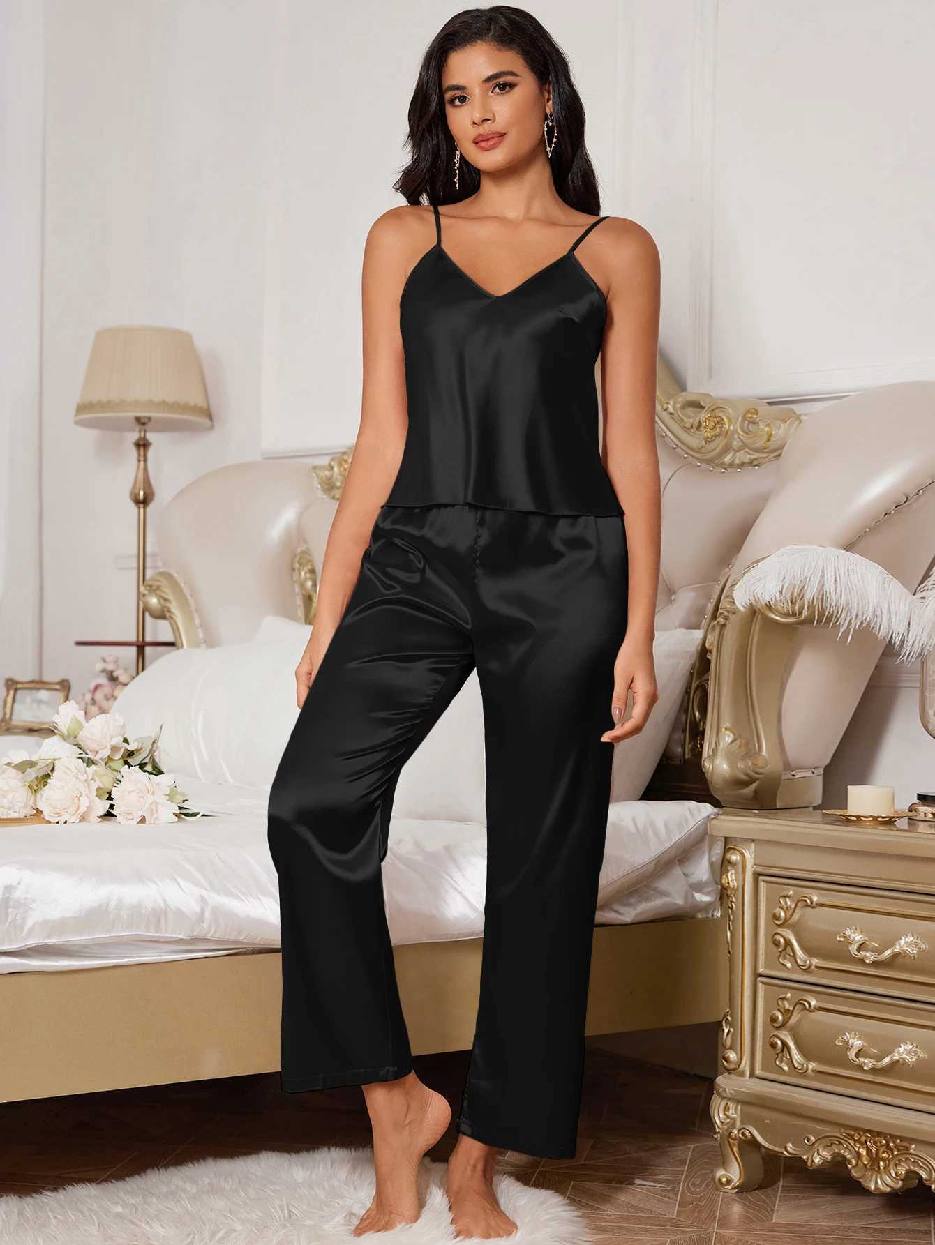 Fall new womens silk pajama set halter top and pants sexy comfortable two piece pajama setXJ250220