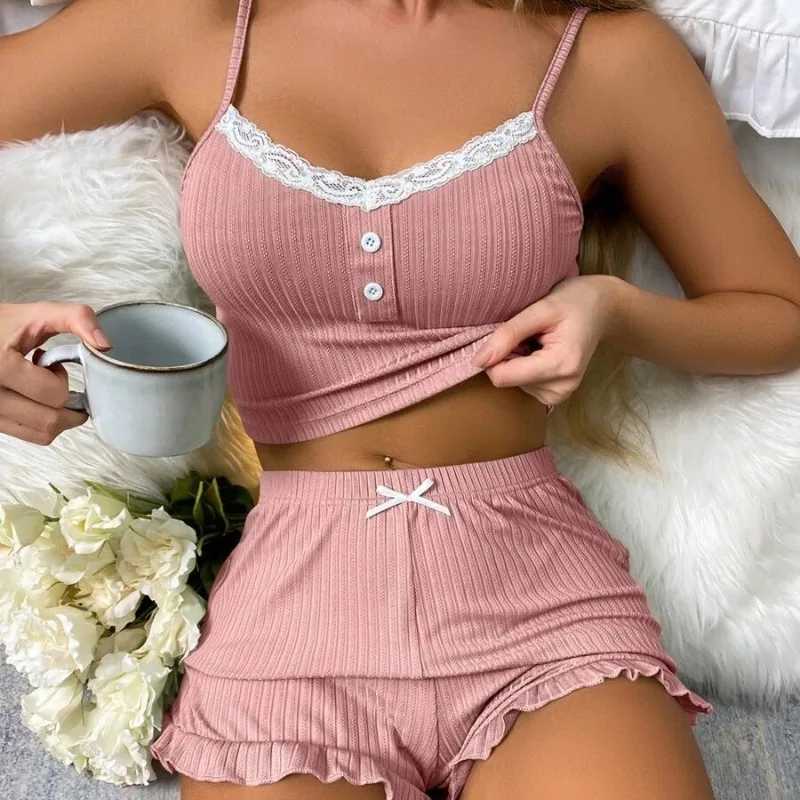 Womens Solid Pajamas Set Summer Sveless Top Shorts Spwear 2 Piece Set For Women Sexy Homewear Suspender Lace Slim SuitXJ250220