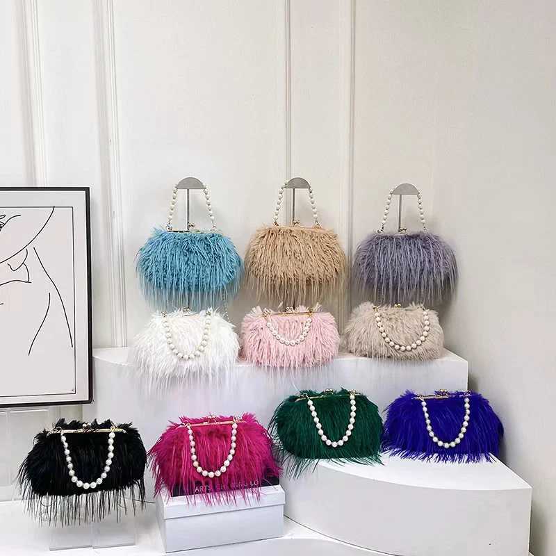 Luxury faux fur evening bag pearl chain fashionable long tassel plush shoulder bag large capacity handbag wedding handbag XA48ZZ Z250220