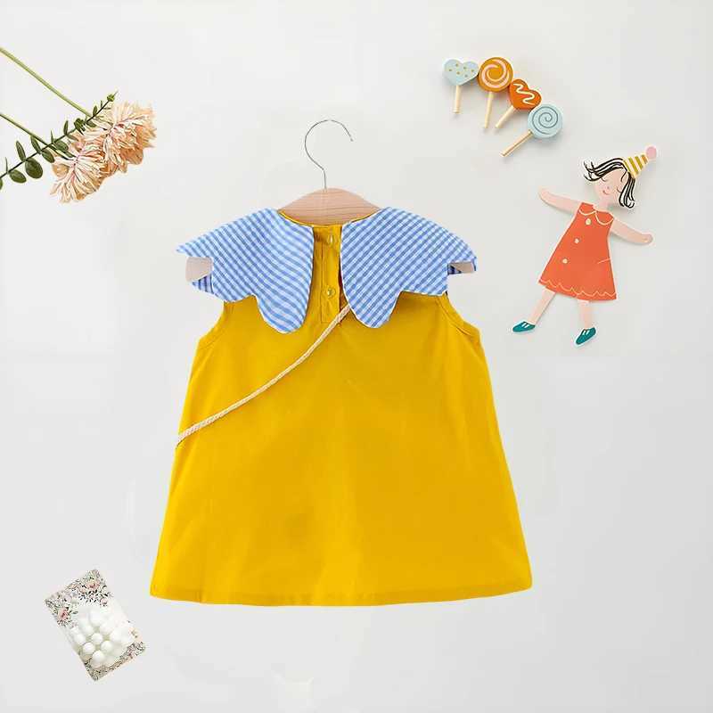 Summer Baby Girl Dress+Bag 2 Pcs Baby Girl Plaid Big Collar Solid Color Dress Cute Loose Cotton Comfortable Sleeveless Dress X250220