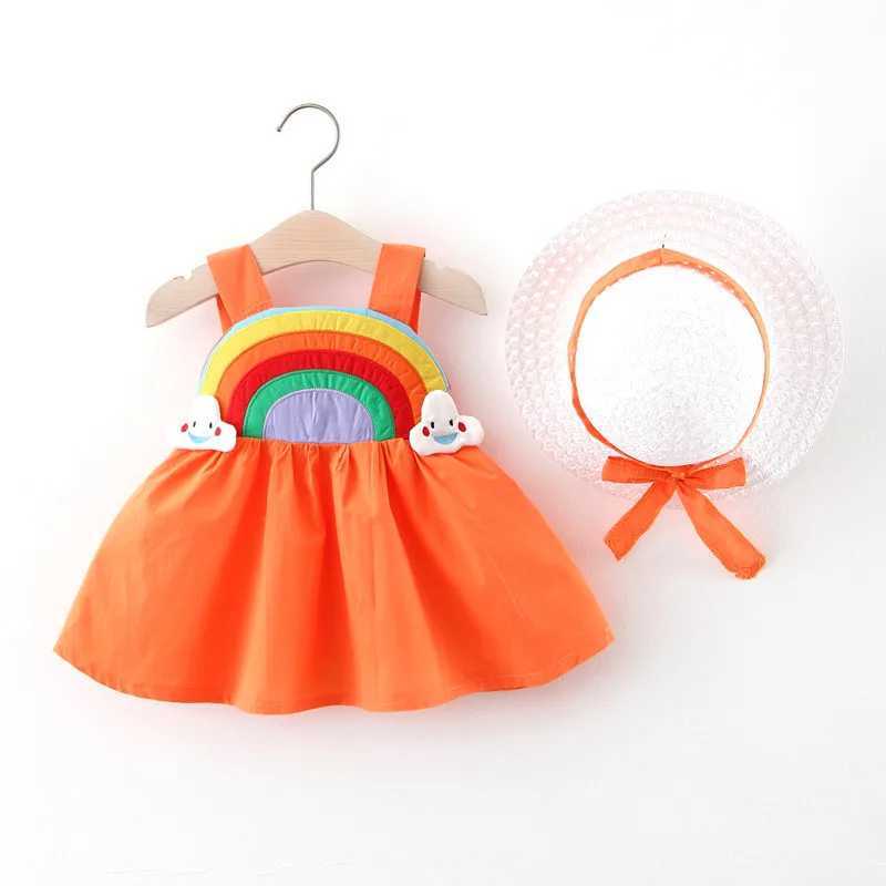 2-piece summer childrens girls dress comfortable rainbow cotton baby dress high-quality childrens clothing hat free childrens clothing X250220