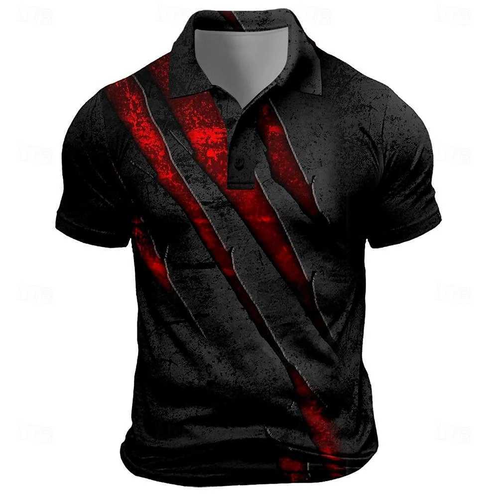 Retro mens polo shirt with scratch print casual short sleeved T-shirt lapel button golf sports shirt fashionable oversized mens clothing W250414