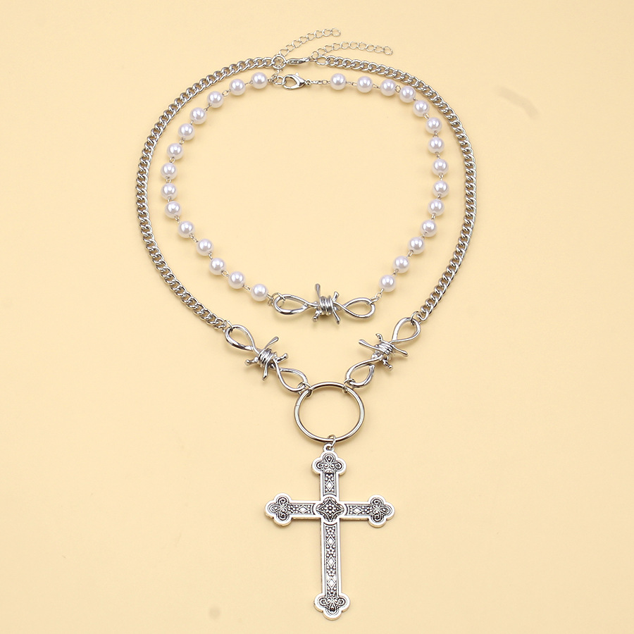 Personalized Pearl Cross Pendant Necklace ins Hip Hop Punk Double Layers Sweet Cool Necklaces