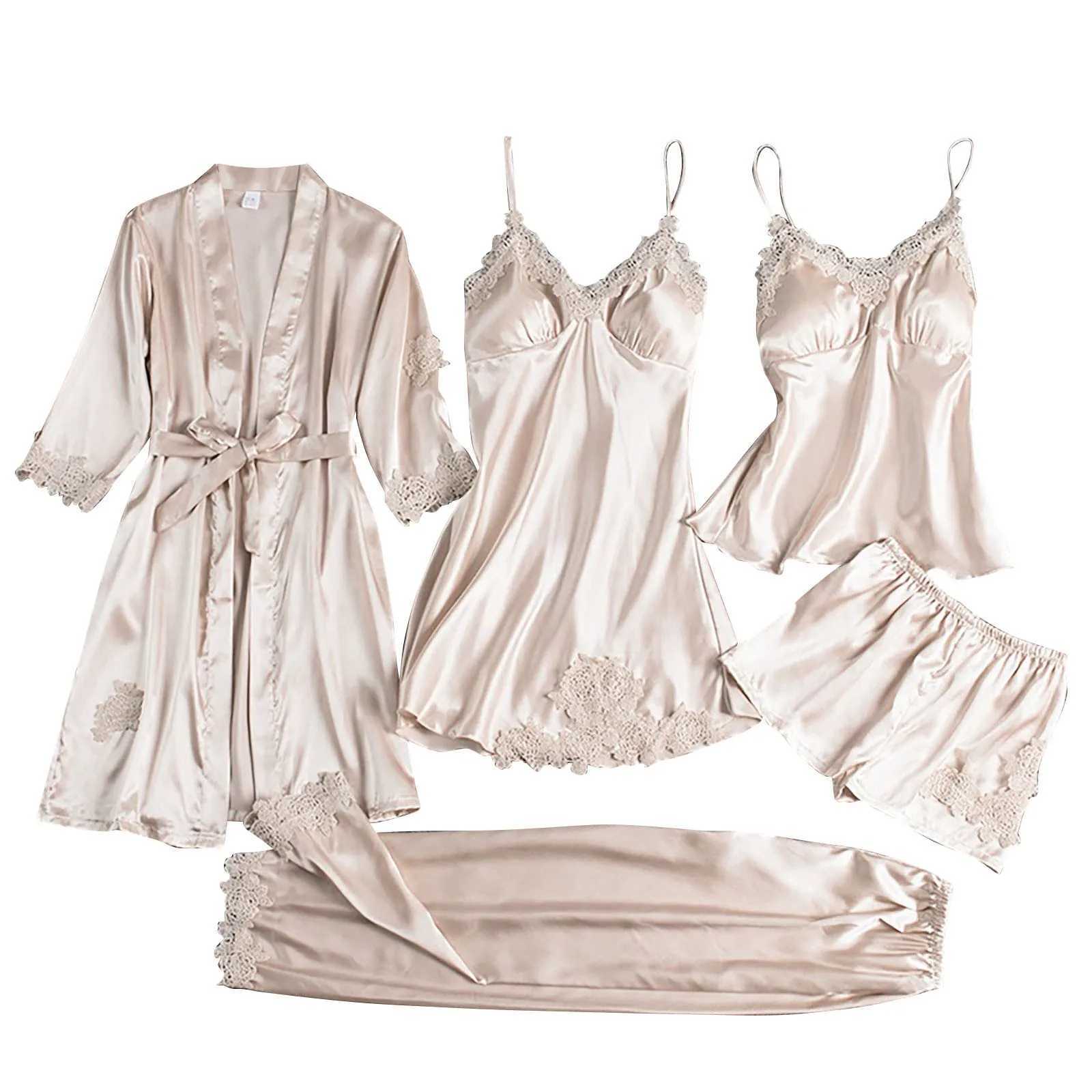 5pcs Ladies Satin Pajamas Set 5 Piece Pijamas Silk Like Lace Paneled Sexy WomenS Pajamas Smooth Skin-Friendly Home SpwearsXJ250220