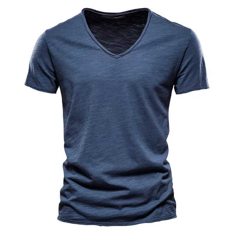 AIOPESON 00% Cotton Men T-shirt V-neck Fashion Design Slim Fit Soild T-shirts Male Tops Tees Short Sleeve T Shirt For Men W250220