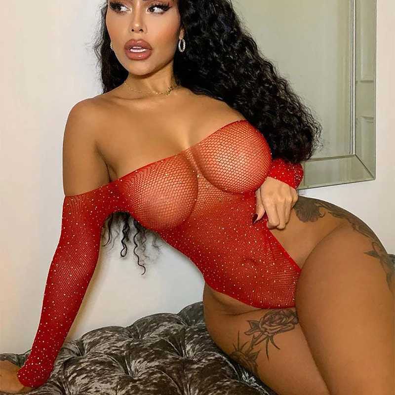 Plus Size Rhinestone Erotic Hot Bodysuits For Women Sexy Fishnet Lingerie Babydoll Dress Porno Underwear See Through Sex CostumeXJ250220