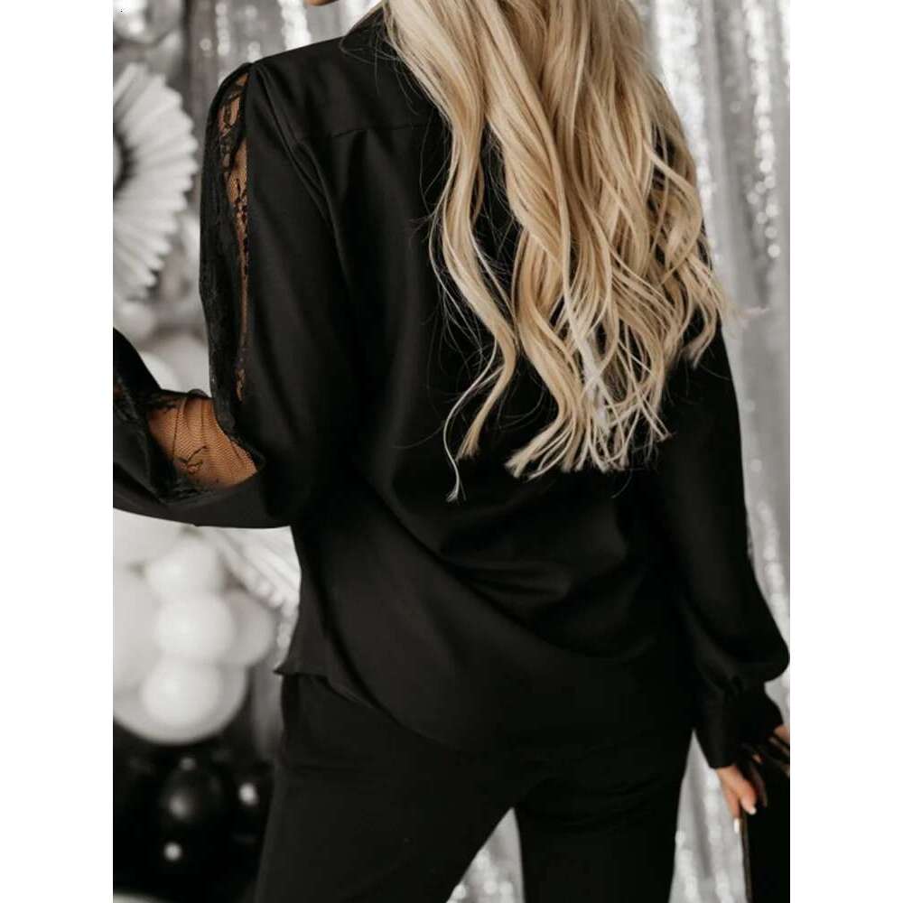 Fashion Summer New Lace Splicing Ladies Buttons Solid Color Casual Hollow Sleeve Shirt