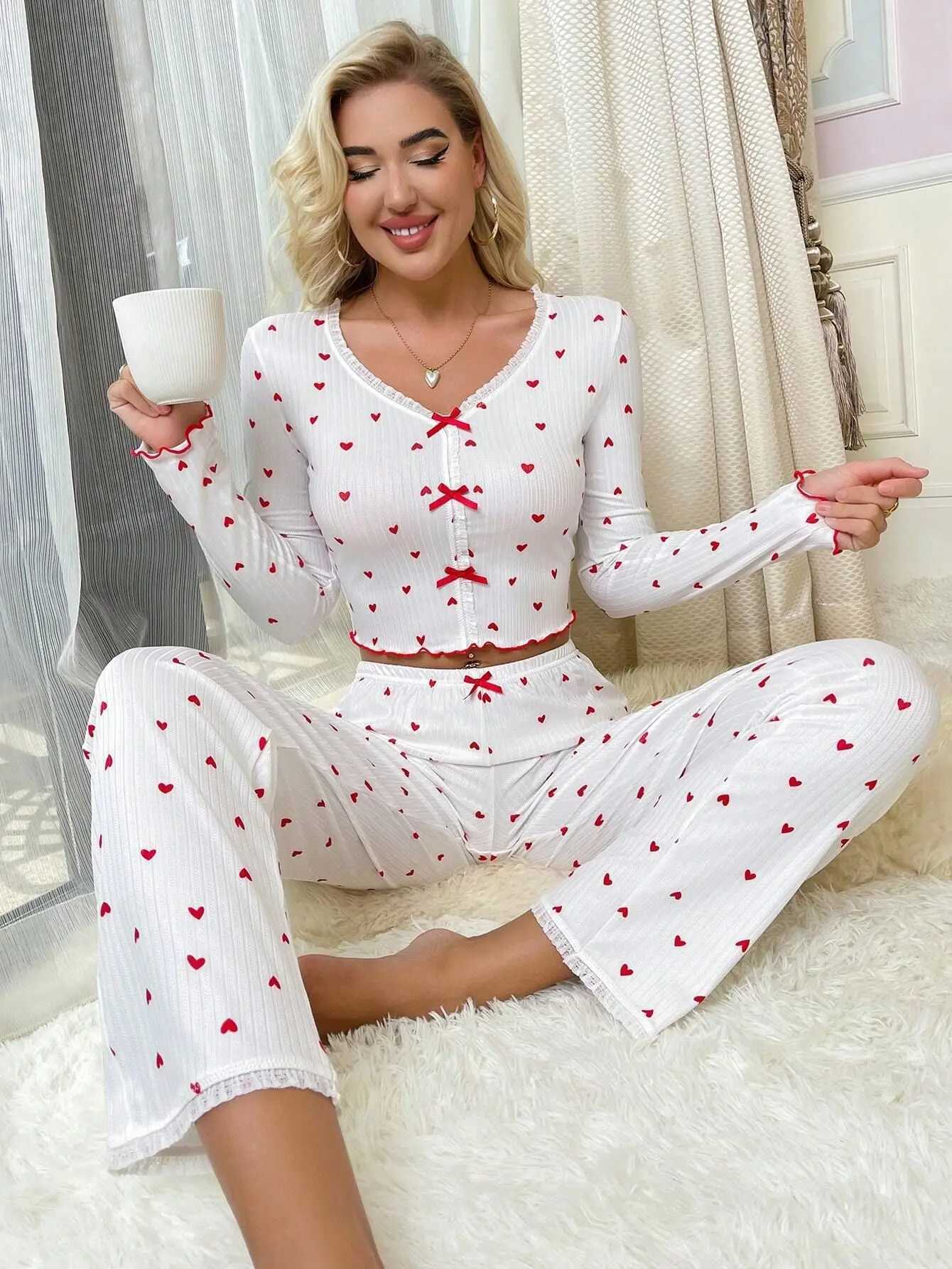 Autumn Winter Spwear Women Pajama Set Lace V-neck Bow Heart Print Long Sves Pullover Trousers Loungewear OutfitXJ250220