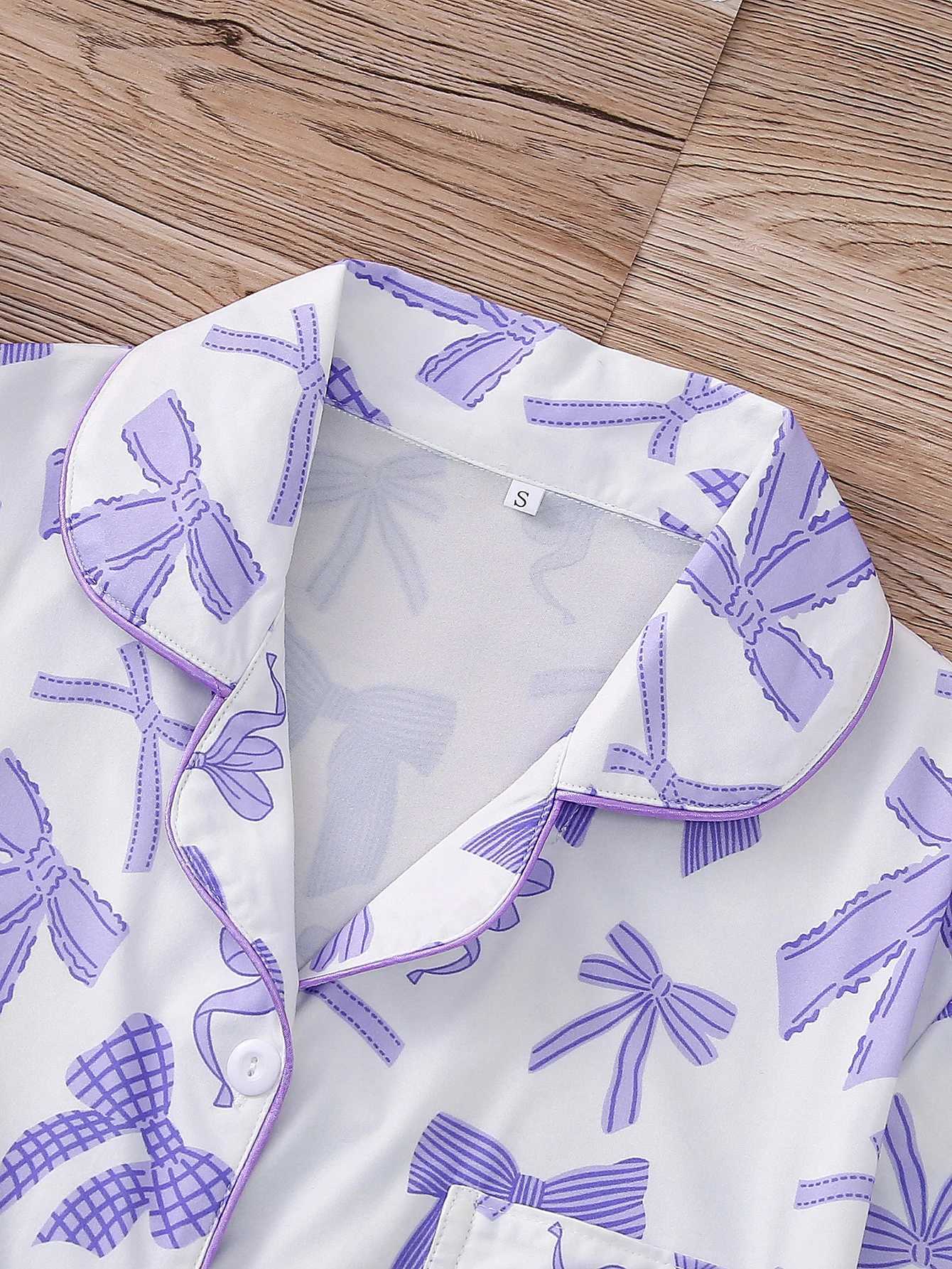 Bow print can be worn on womens spwear lapel button short sves and loose elastic shorts womens home wearXJ250220