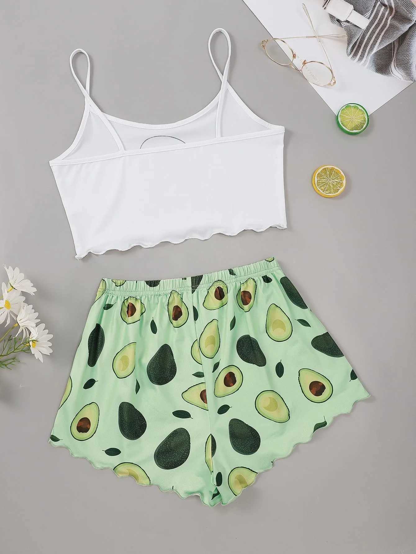 Summer Pajamas Set for Women Avocado Print Camisole with Shorts Casual Sexy Lingerie Nightie Homewear Spwear UnderwearXJ250220
