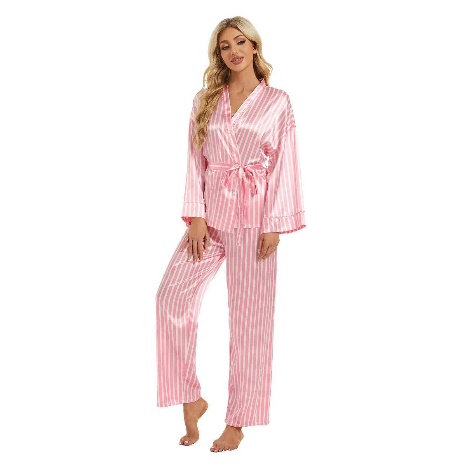 Spring Autumn Women Cozy Silk Satin Pajamas Suit Cross V Neck Long Sve Shirts Tops With Belt+Pants Set Spwear 2 Piece SetXJ250220