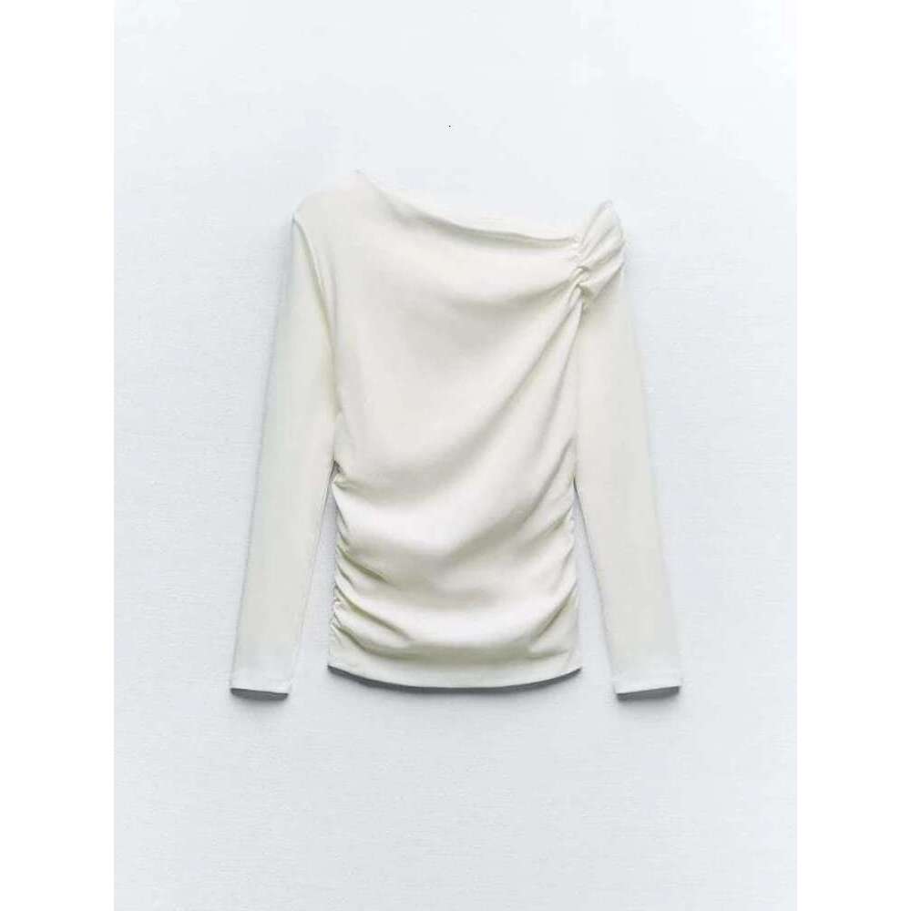 ZBZA Women's Asymmetric Blouse Long Sleeved Single Slim Fit Off Shoulder Pleated T-Shirts Autumn New Female Chic Top