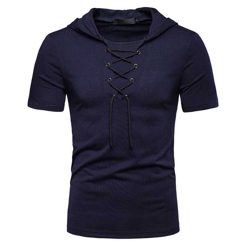 New European And American Mens Hooded Loose Tie Up Hip-hop Casual Short Sleeved T-shirt W250220