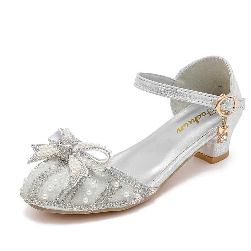 Girls Bow Sandals 2024 Summer New Fashion Princess Shoes for Party Wedding Kids Rhinestone High Heels Childrens Leather Shoes W250221