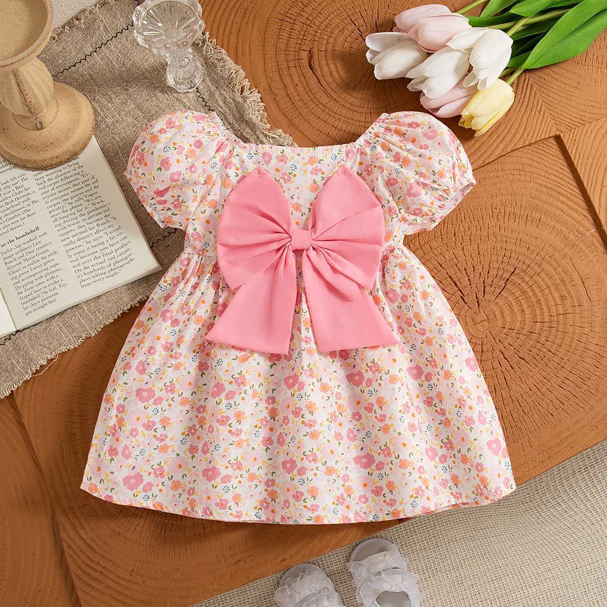 (0-3 Year Old Baby Girl Floral Dress) Summer New Sweet Bow Countryside Style Childrens Short Sleeved Clothes X250220
