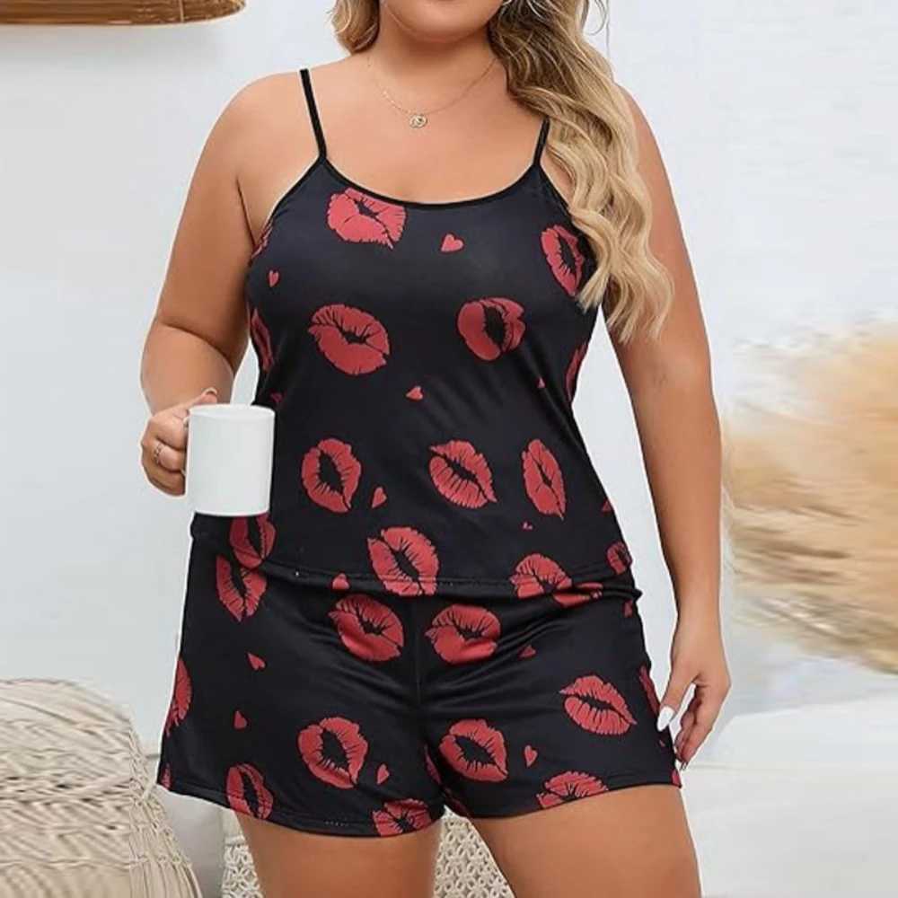 Cherry Print Plus Size Womens Pajamas Set Sveless Top Shorts Summer Nightwear Lounger Homewear 2 Pieces Fe SpwearXJ250220