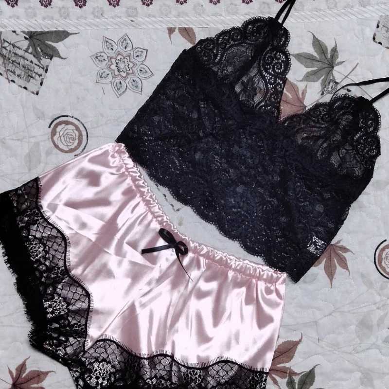 Lace Silk Spwear for Women Pajamas Set Sexy Lingerie Crop Tops Shorts Babydoll Nightwear S/M/L/XL/2XLXJ250220