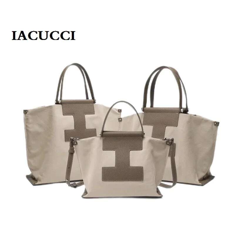 IACUCCI Canvas Tote For Women's Brand Handbags Large Capacity Computer Genuine Leather Shoulder Crossbody Bag