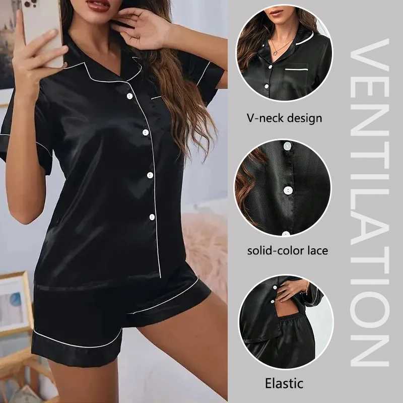 Womens Silk Pajamas Two-Piece Casual Comfortable Spwear Homewear Set Buttons Tops and Trousers Solid Nightwear LoungewearXJ250220