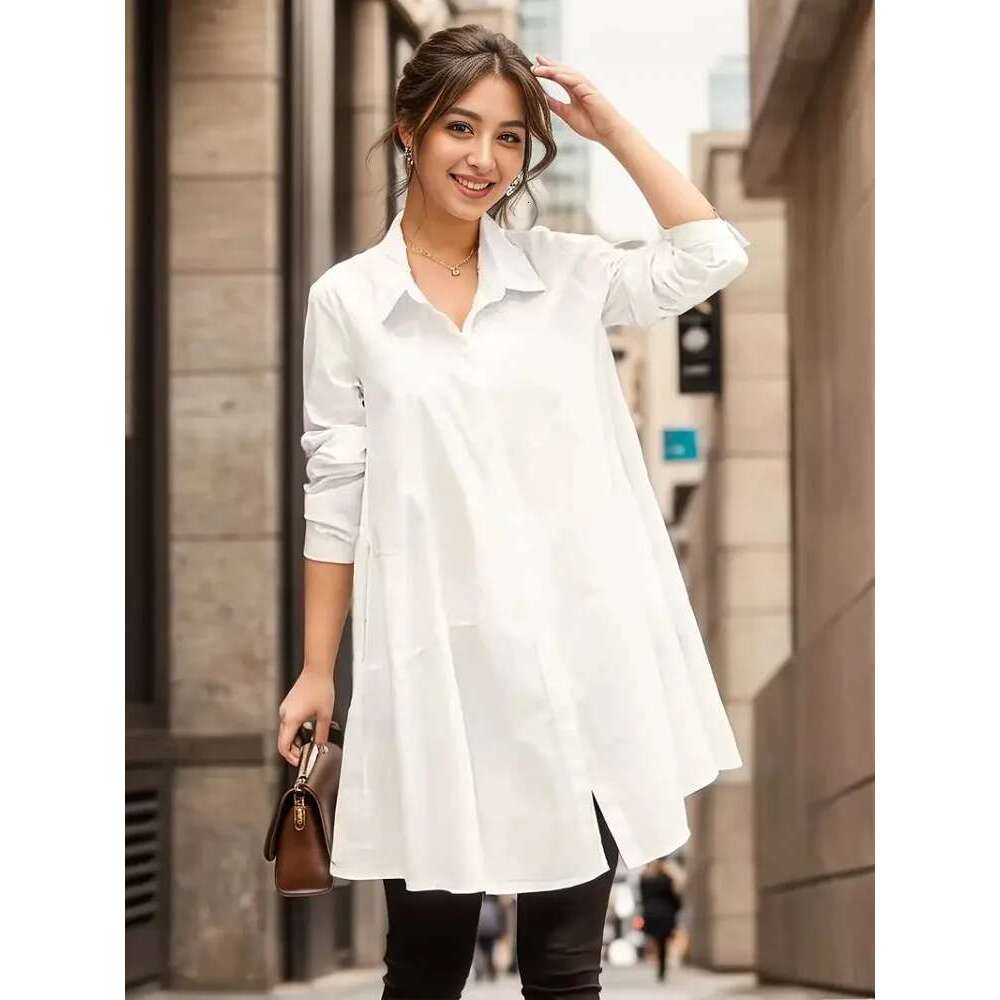 White Casual Women 2024 Autumn Korean Fashion Mid Length Winter Loose Long Sleeves Femal Blouses