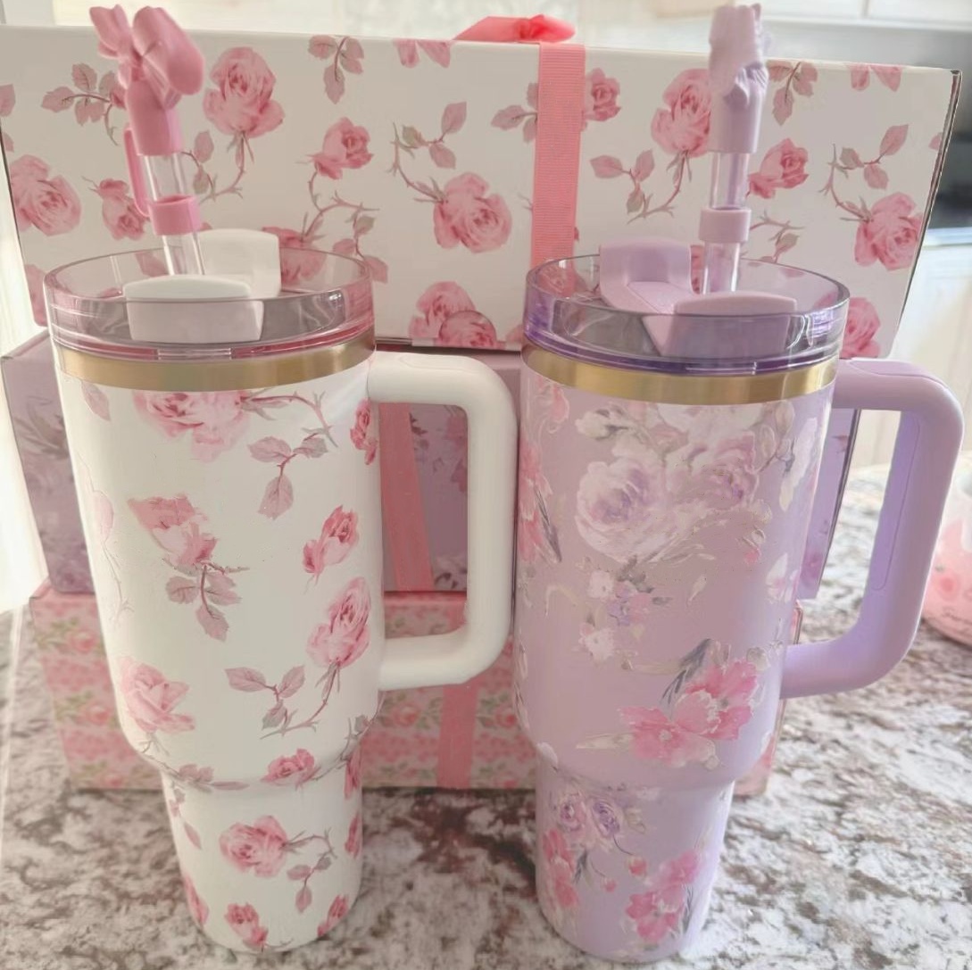 40 OZ Loveshackfancy Floral Cups With Bow Topper Pink Rose Stainless Steel Tumblers with handle Lid And Straw Chocolate Gold Travel Car Mugs Water Bottles 0221