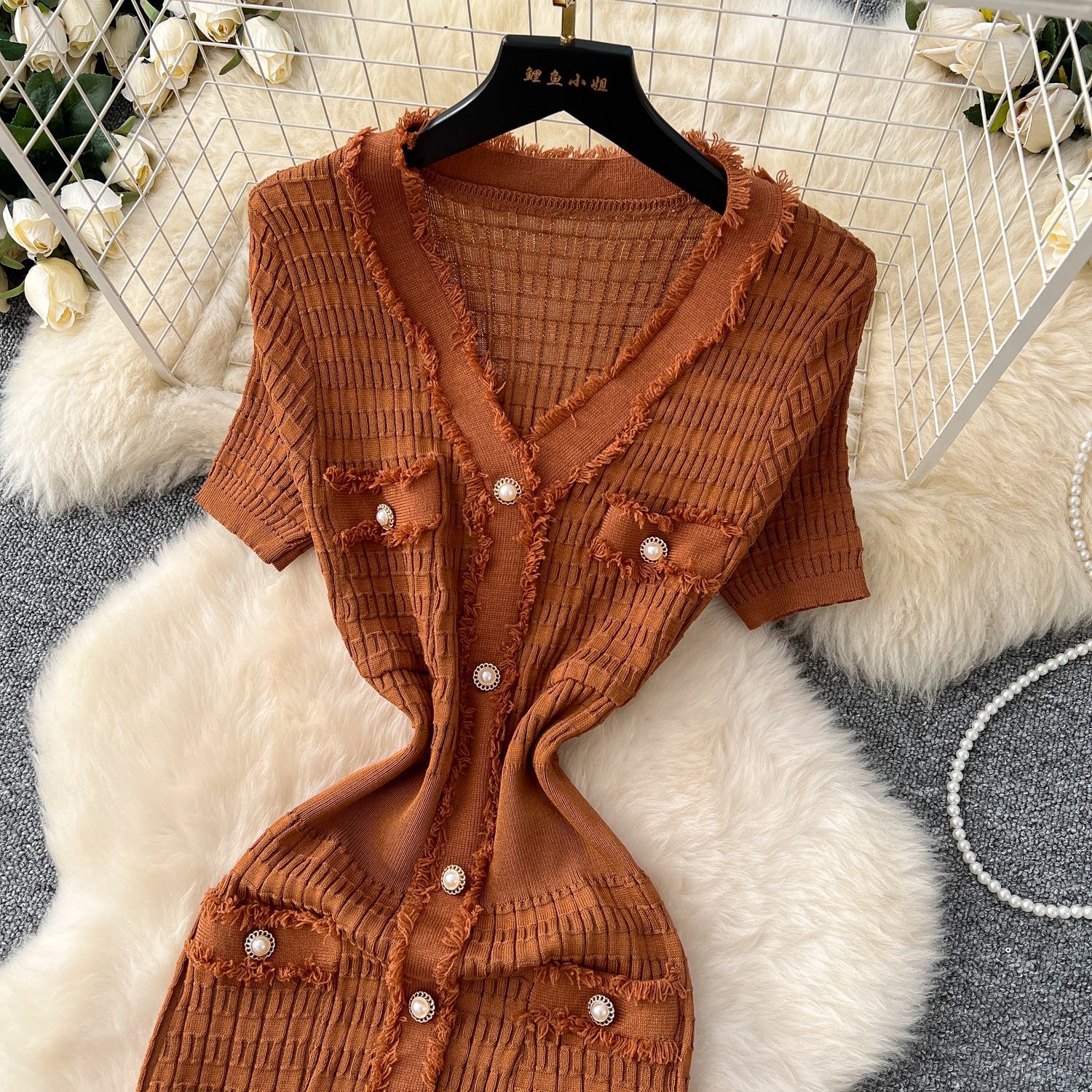 2025 New Summer Arrival Women Knitted Maxi Long Elegant V-neck Single-breasted Split Sweater Dress Office Lady Vestidos