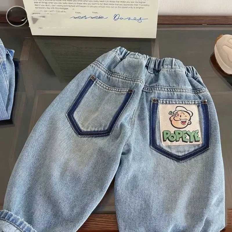 Spring and Autumn Boys Jeans Simple Loose Casual Pocket Preschool Boys Straight Pants Elastic Tear Children Z250220