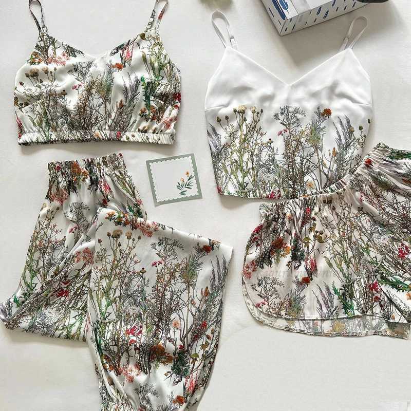 New Satin Silk Pajamas Set for Women Flower Print Spwear Sexy V-neck Sveless Top Nightwear Pijamas Home Clothes LoungewearXJ250220