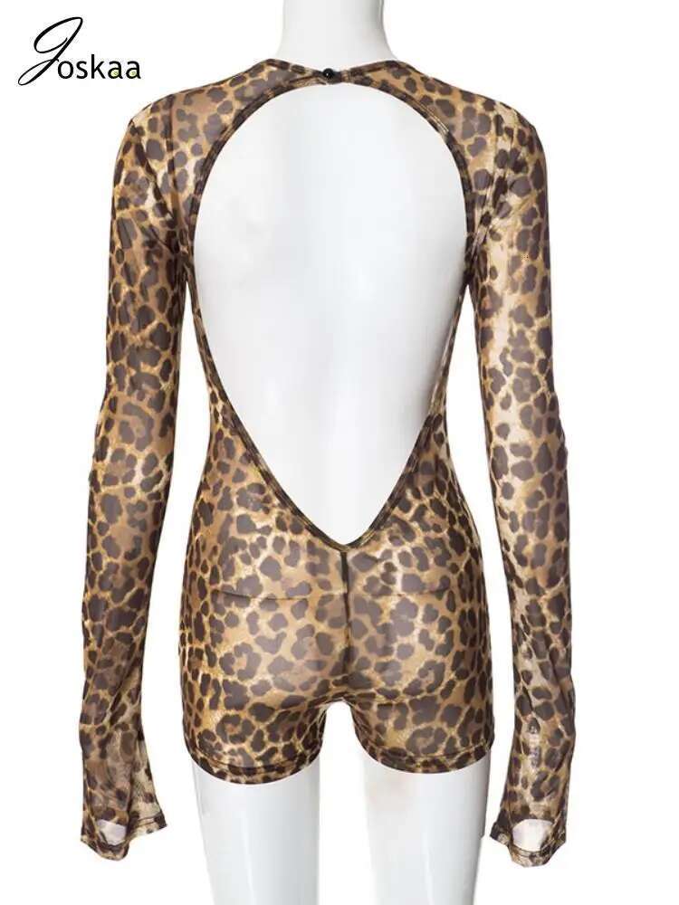 Joskaa Leopard Print Mesh Playsuits Women Sexy O-Neck Full Sleeve Backless Skinny One Piece Rompers 2025 Clubwear Y2k Streetwear