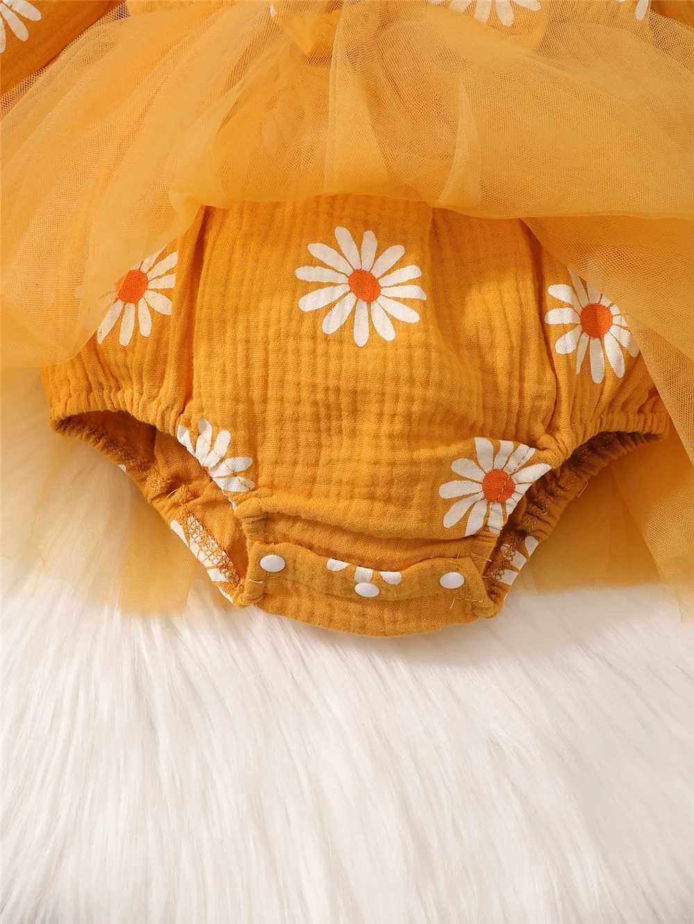 Newborn Baby Girl Romper Dress Long Sleeve Flowers Print Tulle Bodysuit Yellow Spring Autumn Dress with Headband Clothes X250220