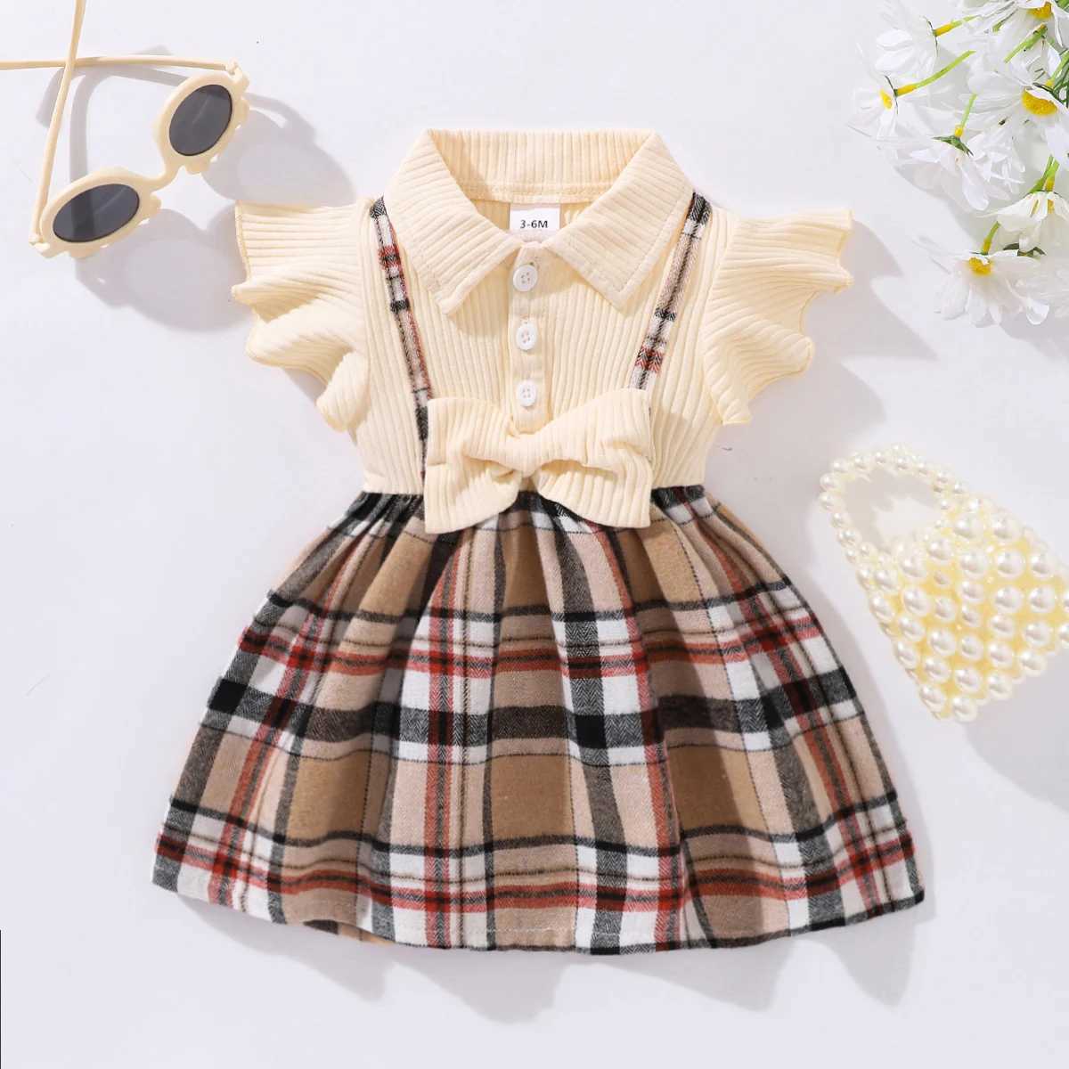 3-24M summer newborn baby girl dress plain tight fitting shirt with lapel fly edge sleeves fashionable baby girl clothing X250220