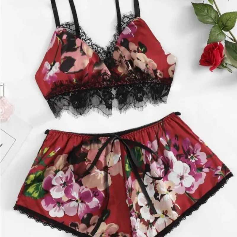 2Pcs/set fancy ladies lingerie erotic plus size suspenders shorts dent sveless short-sved pajamas set womens clothingXJ250220