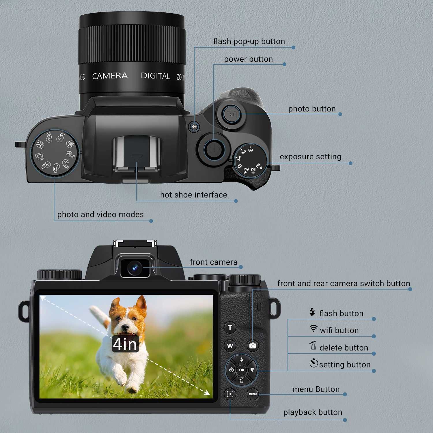 Digital camera for photography 4K 64MP WiFi virtual log camera with flash lens cover front and rear cameras 4-inch touch screen Z250220