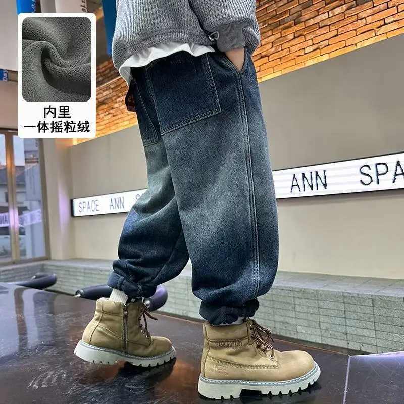 Boys Pants Winter Warm Fleece Velvet Denim Pants Jeans Winter Warm Elastic High Waist Kids New Children Jeans Z250220