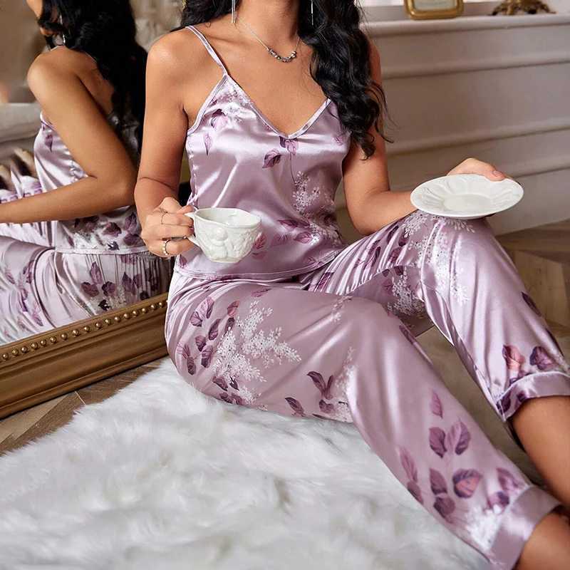 Womens Satin Floral Pajama Sets with Spaghetti Strap Tops and Long Pants Spwear 2 Piece Sveless Home Clothes LoungewearXJ250220