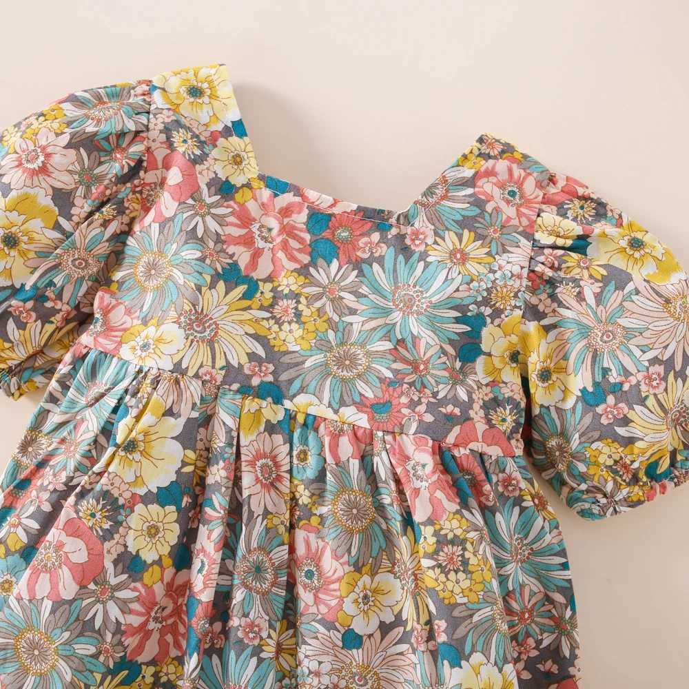 Summer dress for baby girls with floral bubble sleeves and cross ribbed princess dress X250220