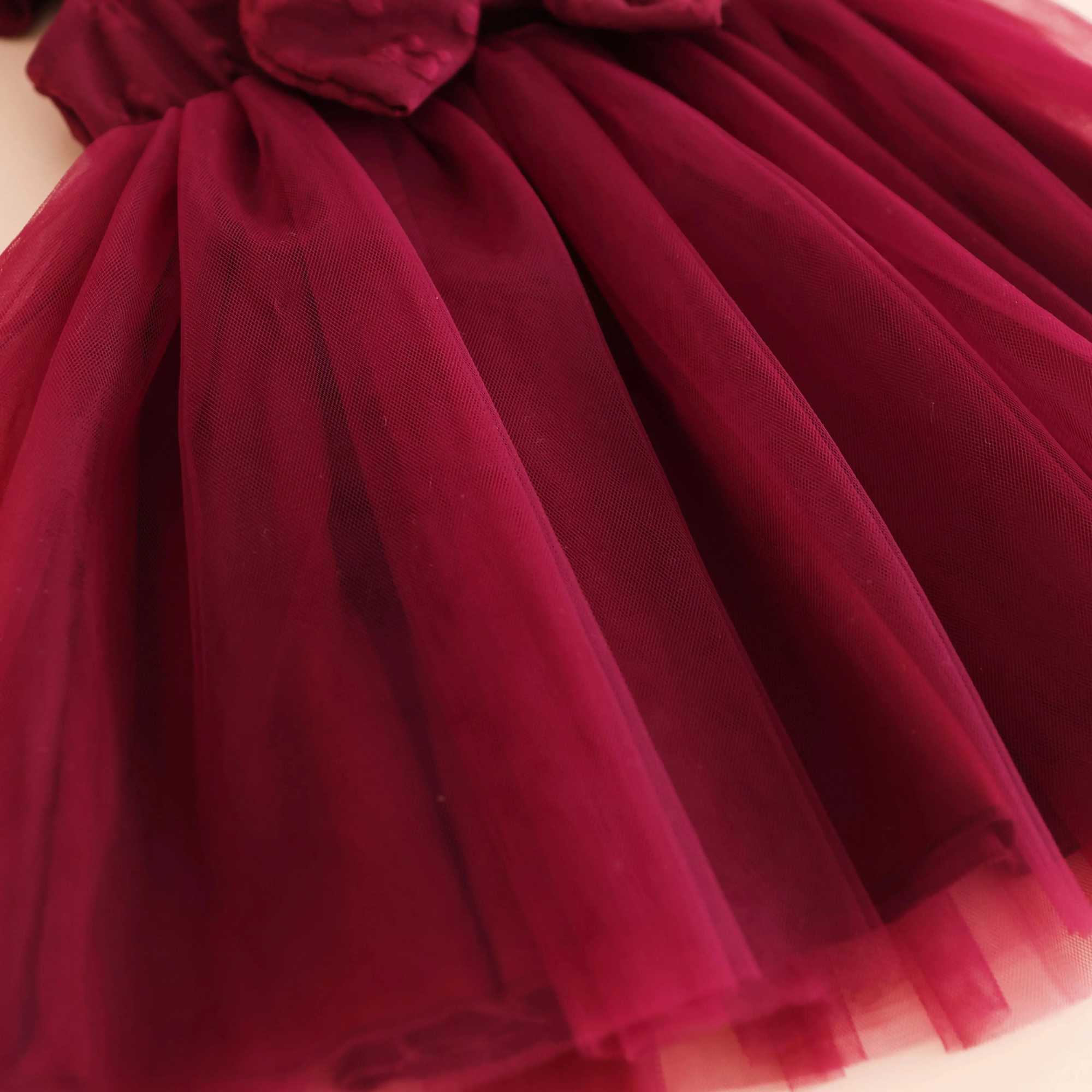 Summer charming girl wine red print mesh dress with flowing sleeves and gauze-cute knee summer dress with rose detail girls dre X250220