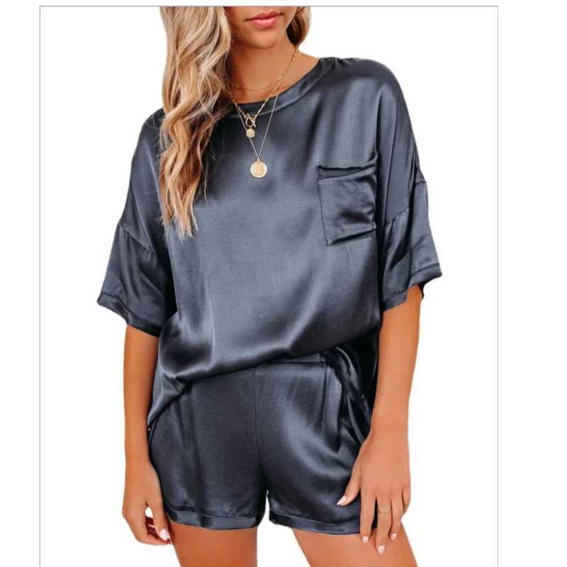 2PCS/Set 2024 Spring and Summer Women Pajamas O-neck Solid Soft Silation Silk Homewear Short-Sved Casual Ladies LoungewearXJ250220